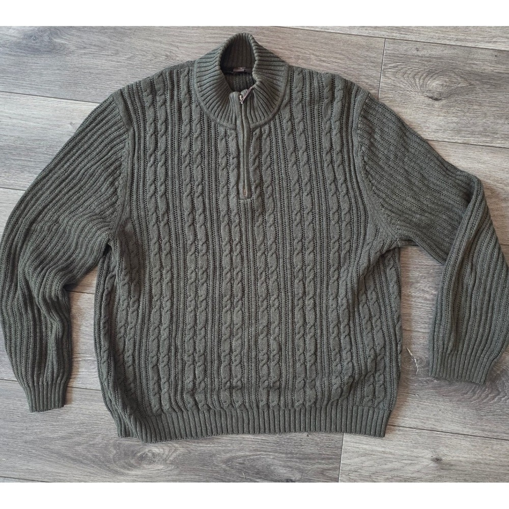 Tasso Elba Mens XL Quarter Zip Sweater Olive Green Cable Knit Cotton Pullover